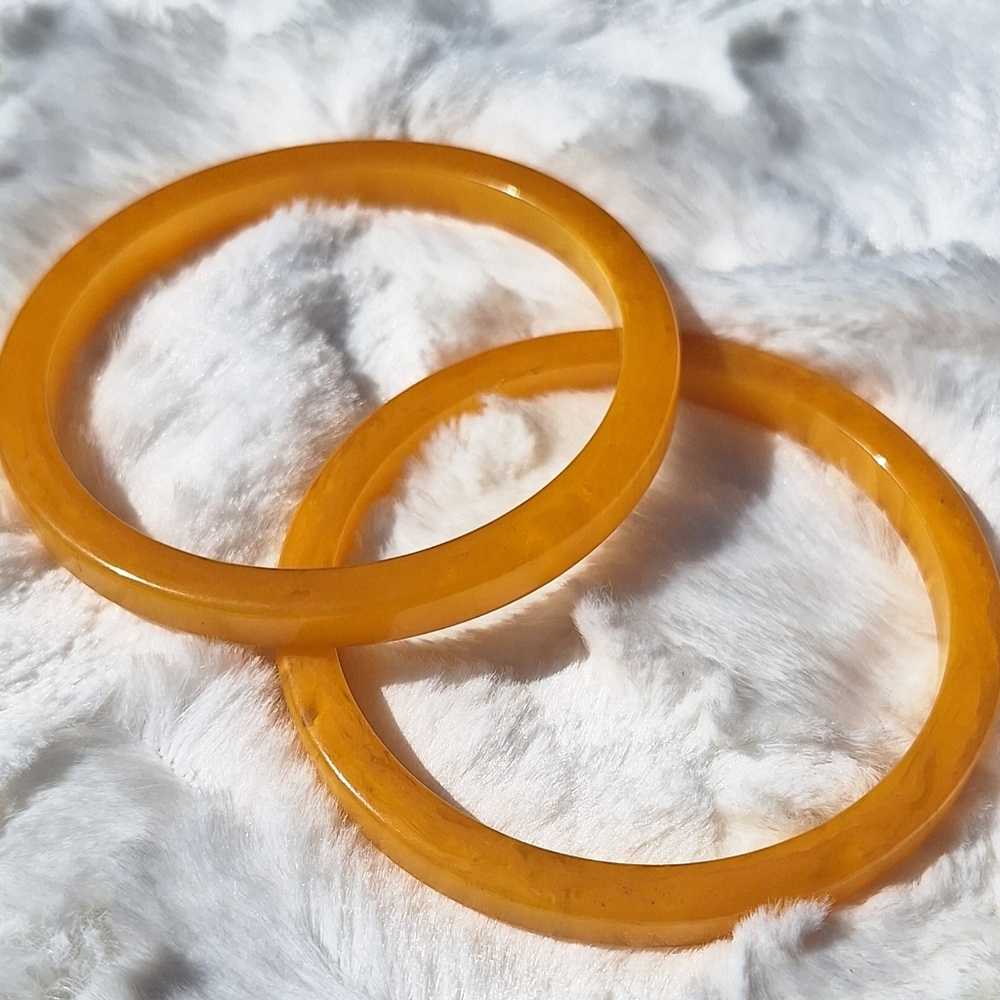 2 Yellow Semi Translucent Areas Art Deco Bakelite Bangles Bracelets